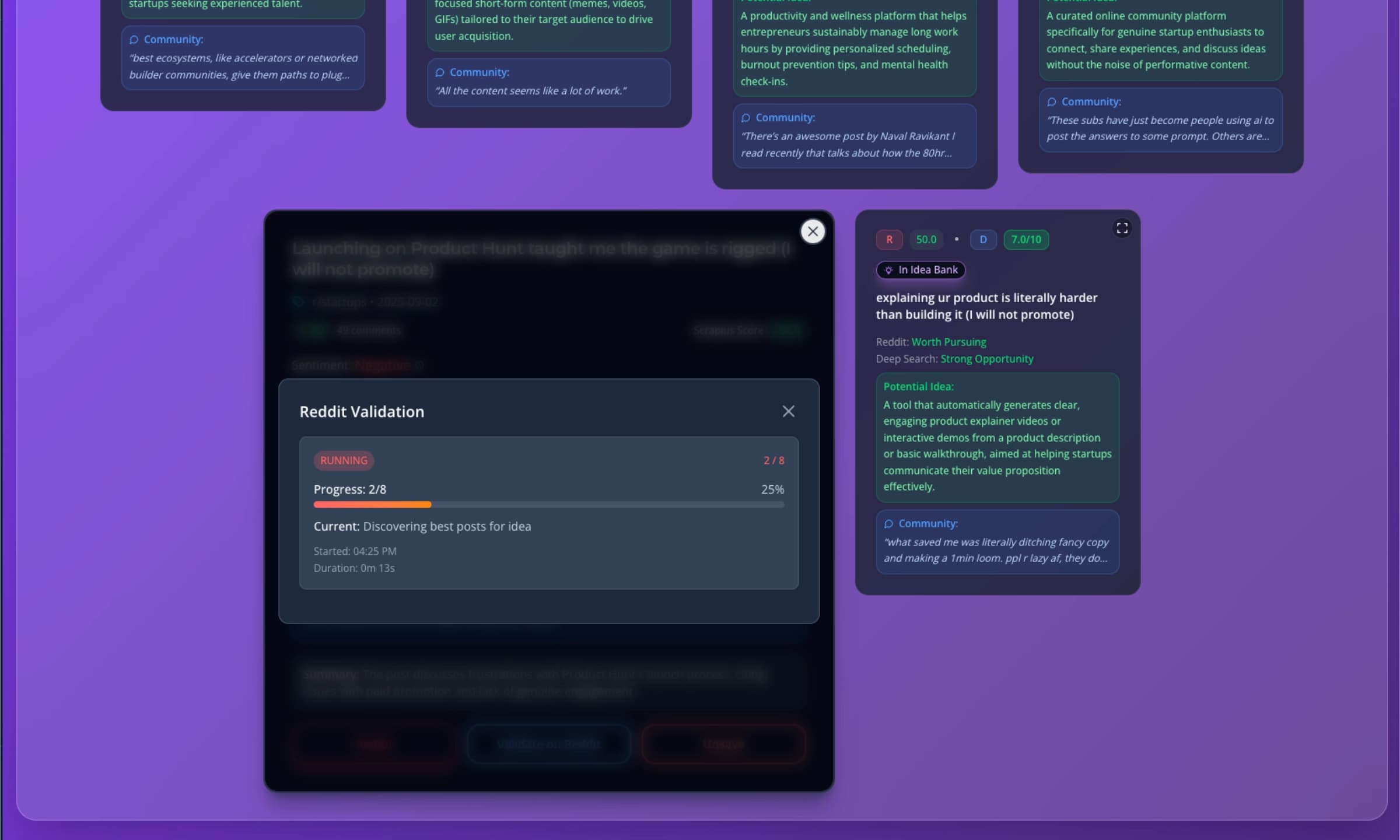 Reddit validation modal with deep search metrics