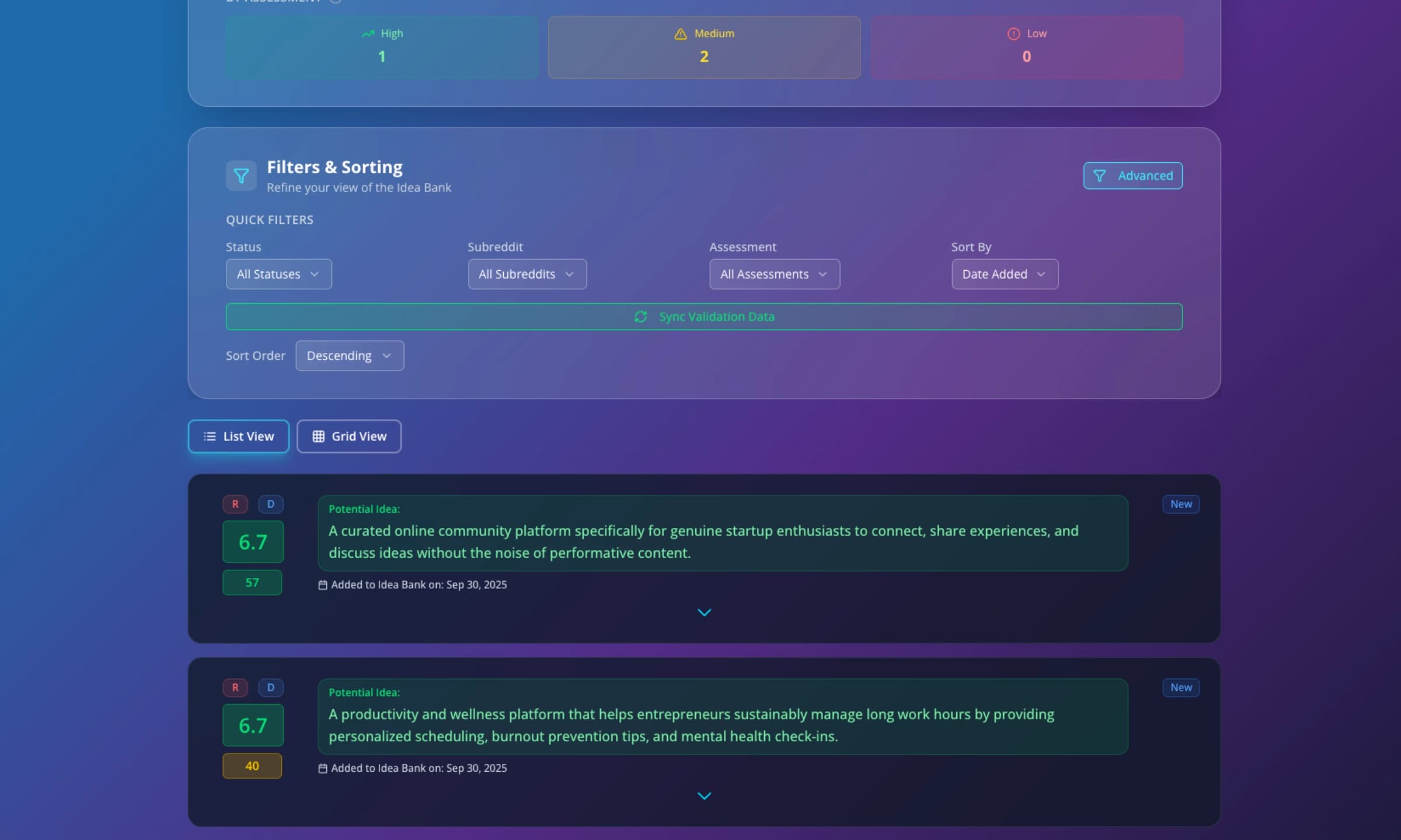 Idea Bank dashboard with validated ideas